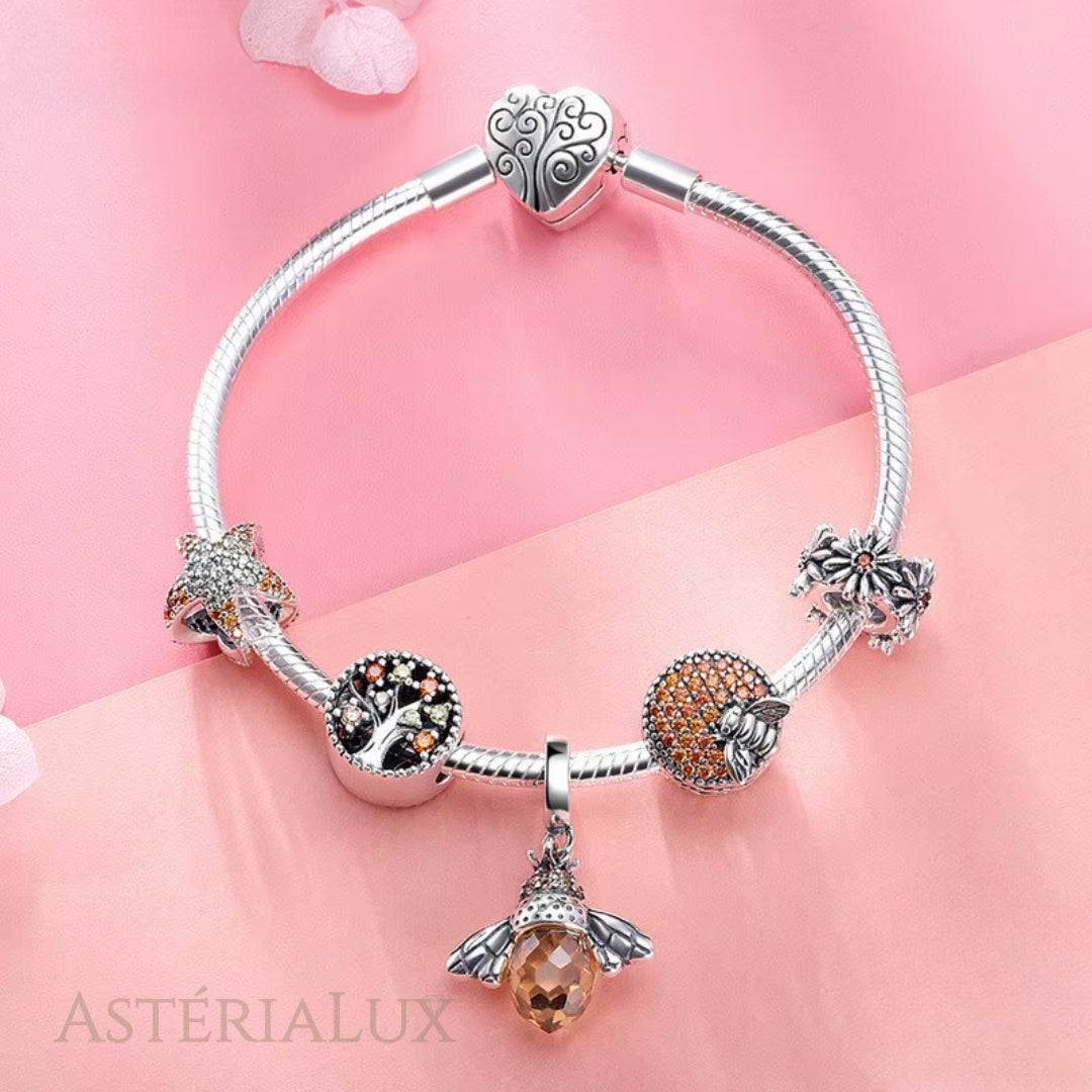 Pulseira de Berloque com Pingente de Abelha e Estrela do Mar em Prata 925