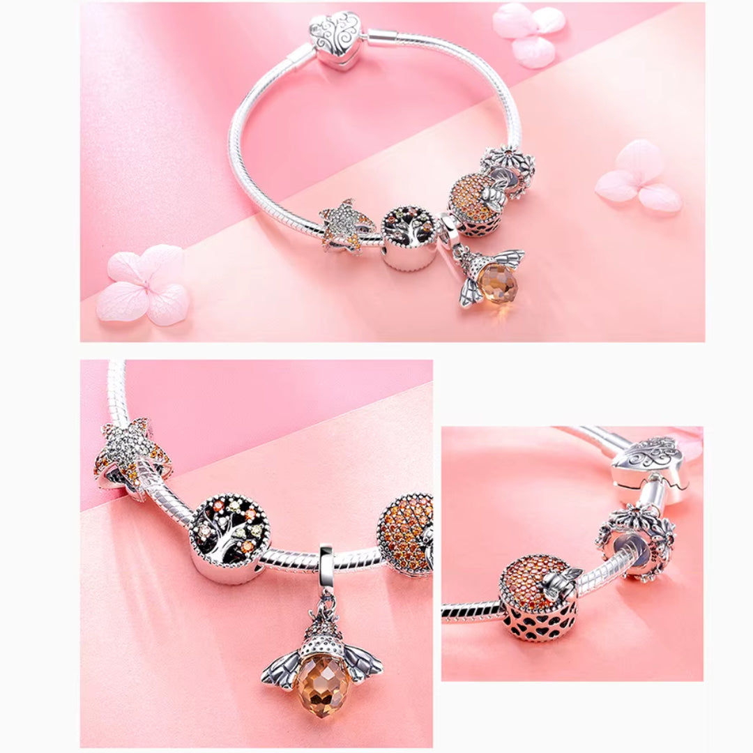 Pulseira de Berloque com Pingente de Abelha e Estrela do Mar em Prata 925