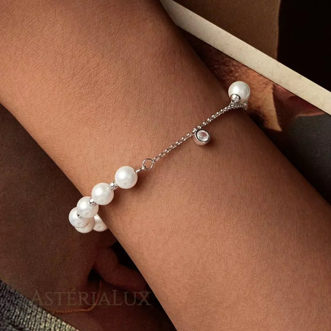 Pulseira Elegante com Pérolas e Zircão Brilhante de Prata 925