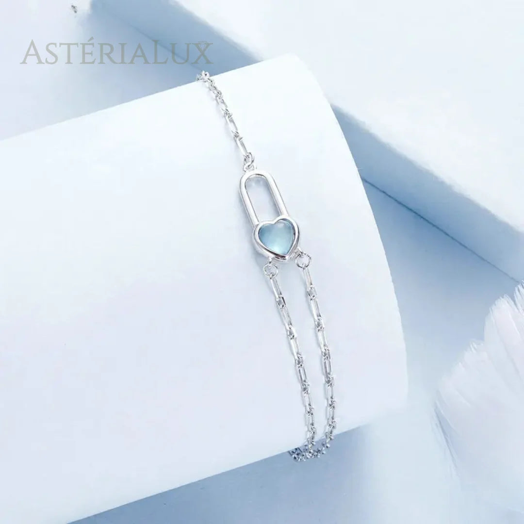 Pulseira com Coração de Água-Marinha de Prata 925
