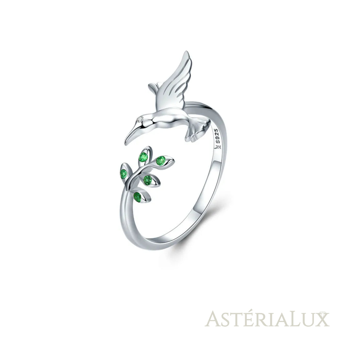Anel Elegância com Pássaro e Folhas em Prata 925