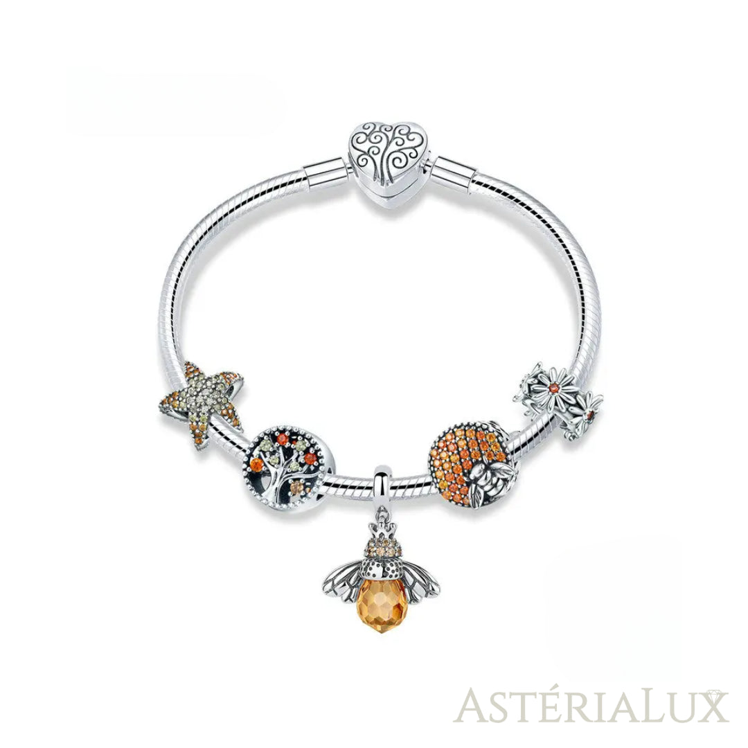 Pulseira de Berloque com Pingente de Abelha e Estrela do Mar em Prata 925
