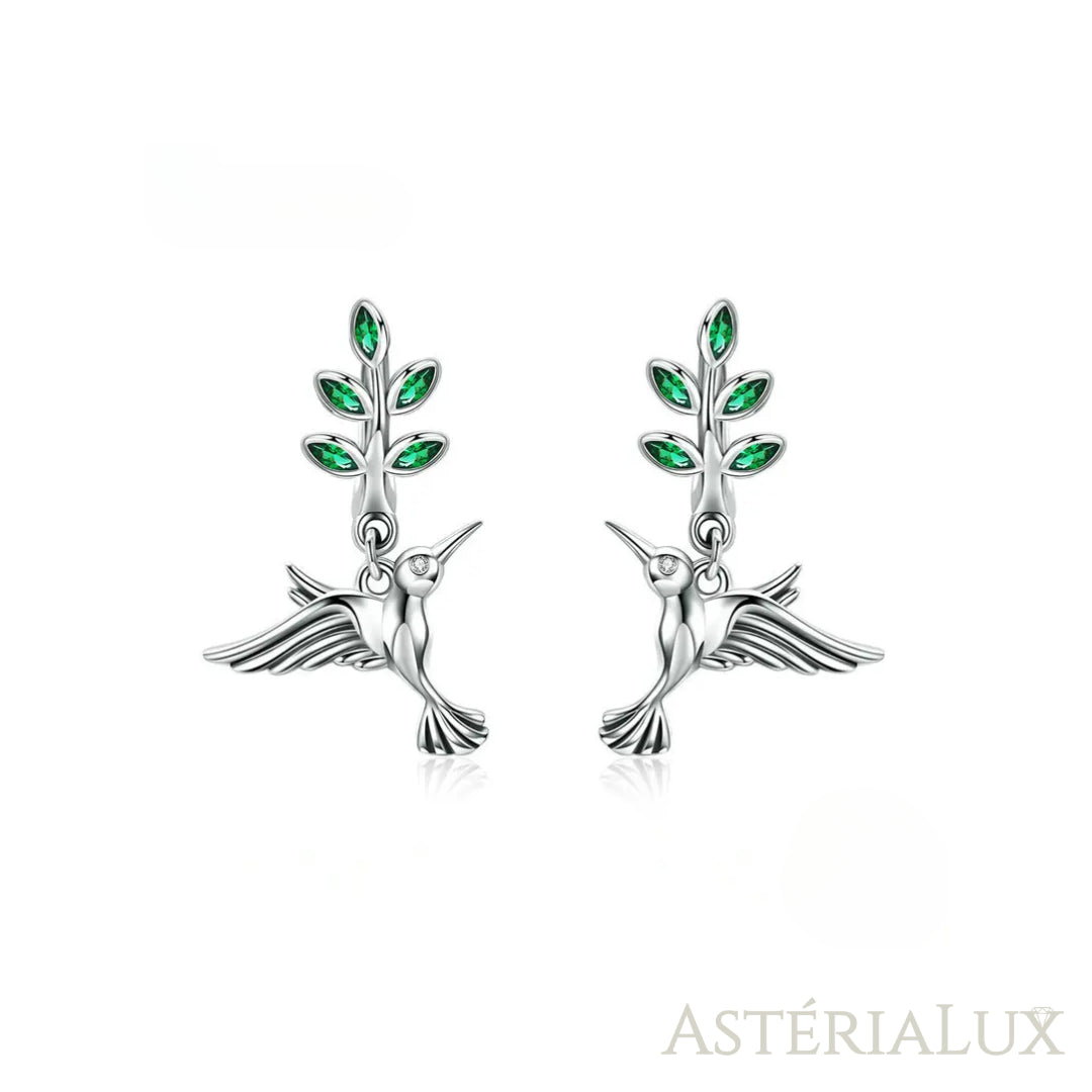 Brincos Elegância com Pássaro e Folhas em Prata 925