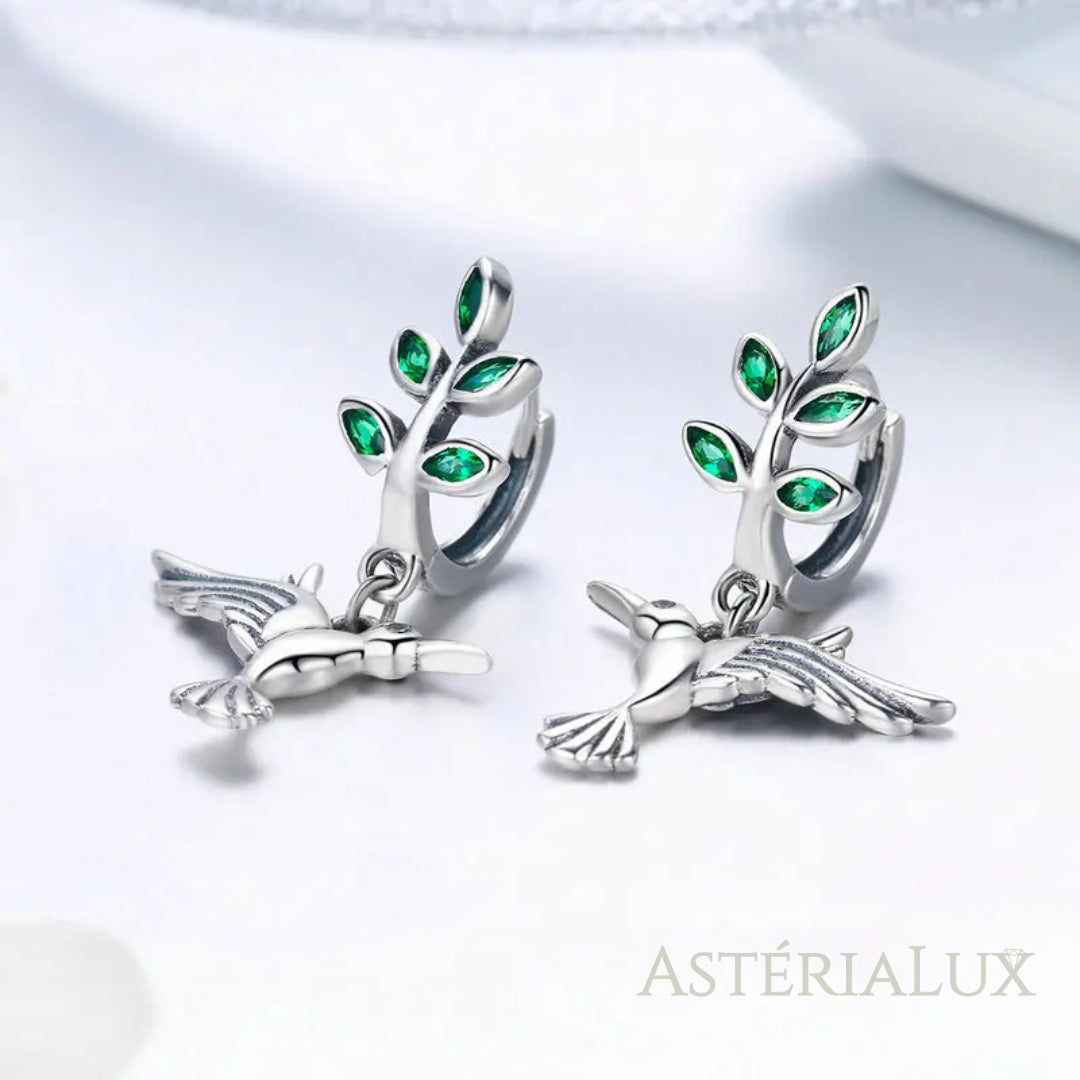 Brincos Elegância com Pássaro e Folhas em Prata 925