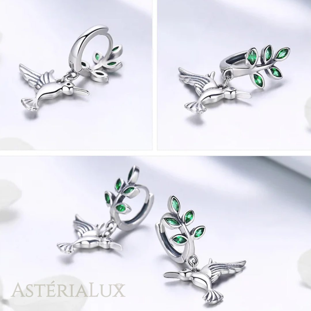 Brincos Elegância com Pássaro e Folhas em Prata 925