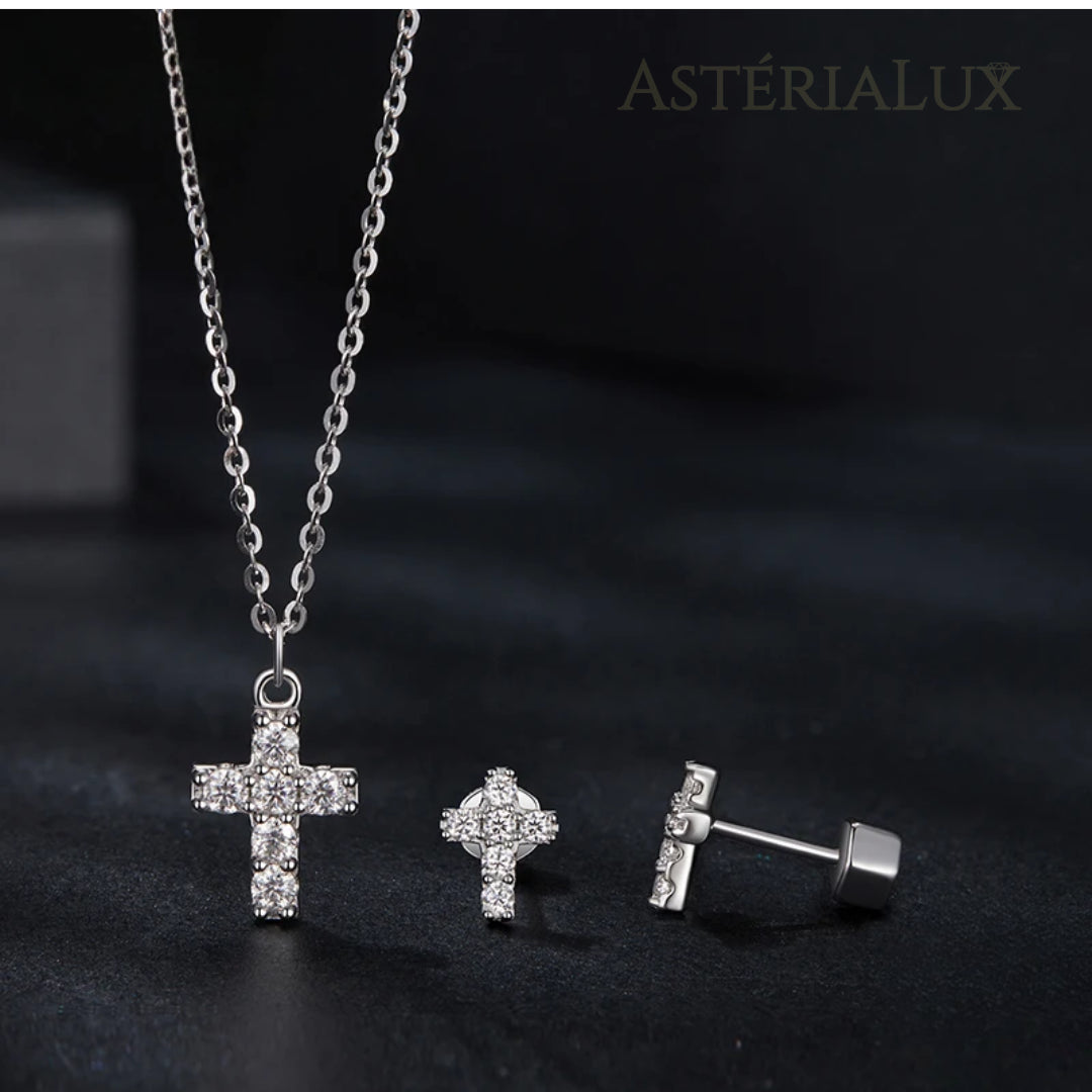 Conjunto de Joias Cruz Elegante de Moissanite em Prata 925