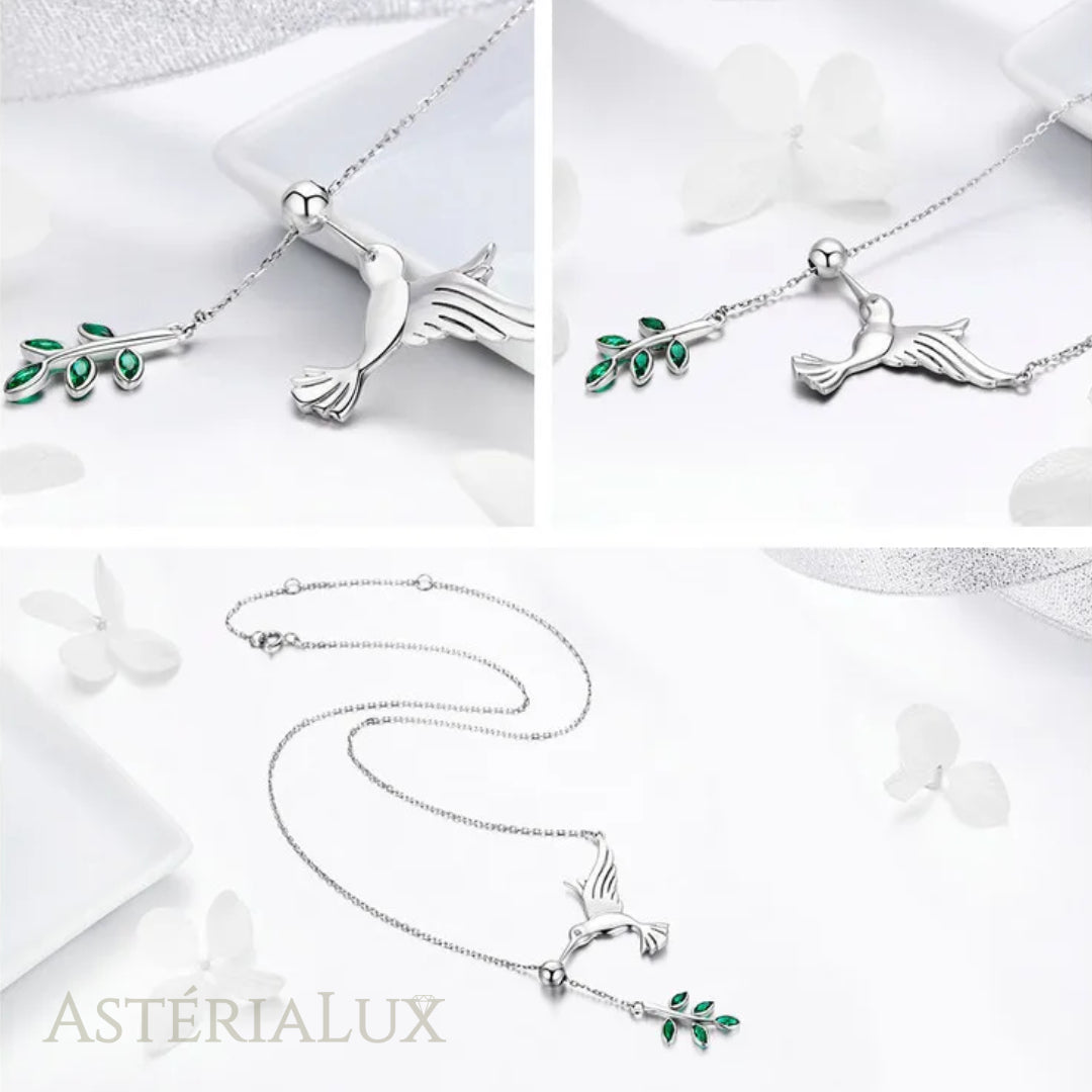 Colar Elegância com Pássaro e Folhas em Prata 925