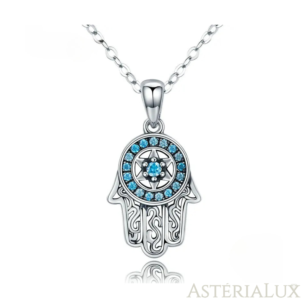 Colar Mão da Sorte com Zircões Azuis em Prata 925