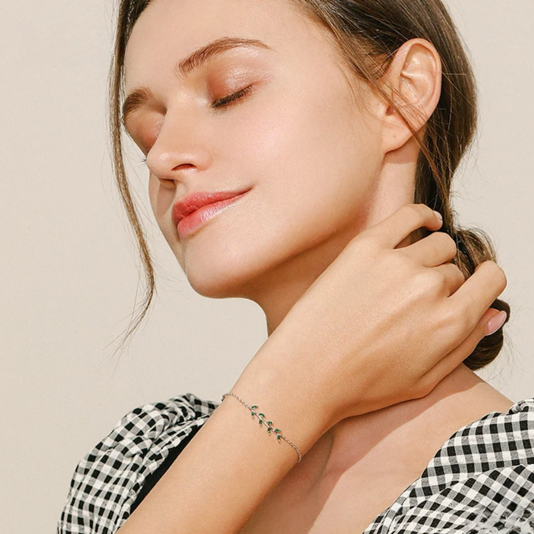 Pulseira Folha Verde com Zircônia em Prata 925