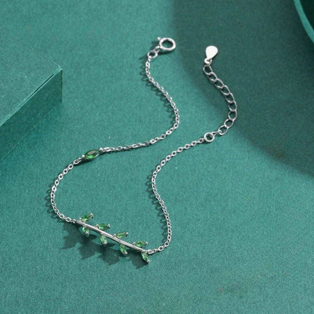 Pulseira Folha Verde com Zircônia em Prata 925